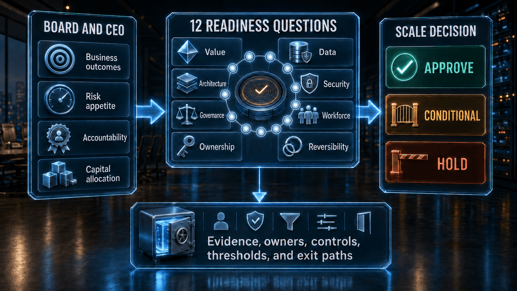 Board and CEO considerations feed 12 AI readiness questions, evidence requirements, and an approve, conditional, or hold decision.
