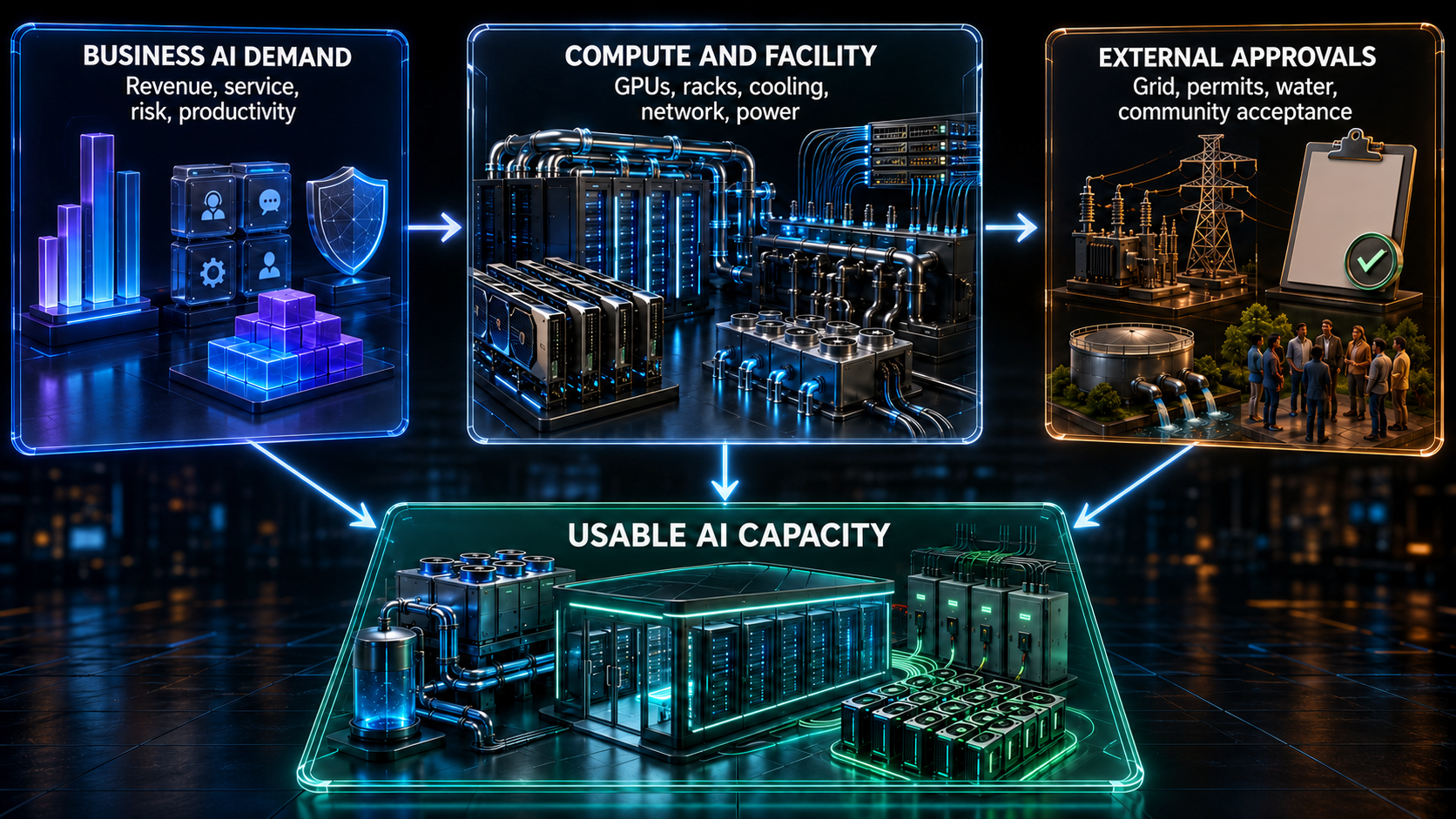 Business AI demand, compute and facility resources, and external approvals converge to determine usable AI capacity.