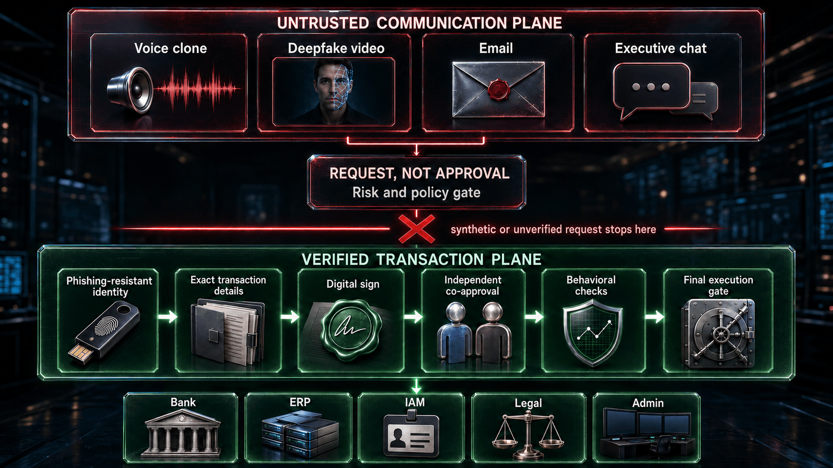 Voice, video, email, and chat enter as untrusted requests. A verified transaction path checks identity, exact details, digital signature, independent co-approval, behavior, and a final execution gate before reaching business systems.