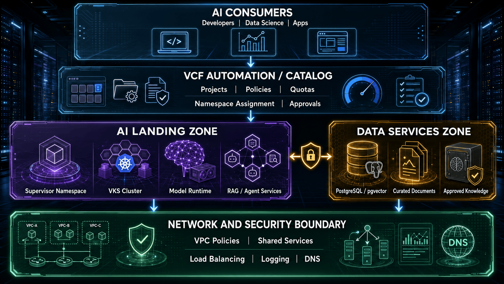 Conceptual diagram illustrating The Operating Model Starts With Boundaries for Designing a Practical Private AI Operating Model with VCF 9.1.
