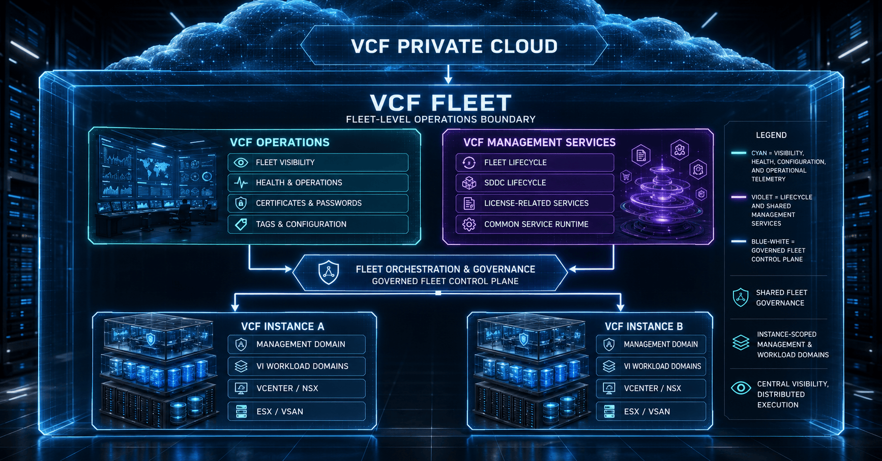 Diagram illustrating VCF Fleet Management at a Glance for VCF Operations Fleet Management: What You Need to Know.