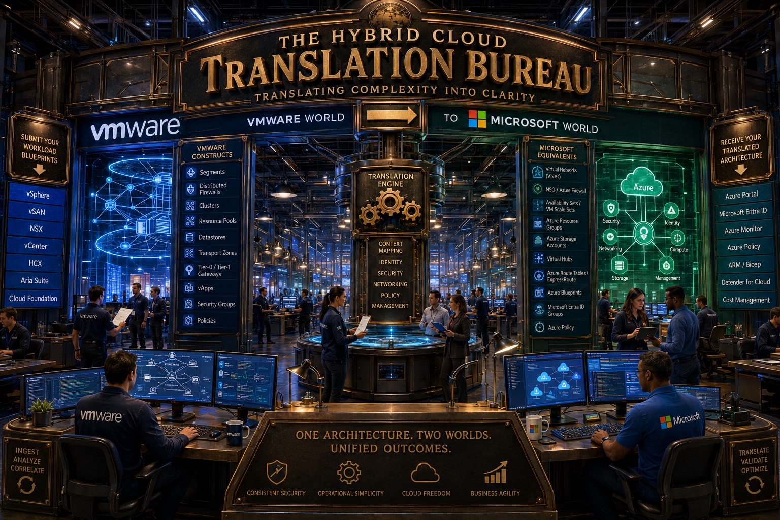 A translation-bureau metaphor places VMware constructs and Microsoft cloud services on opposite sides of an architecture-mapping engine for identity, security, networking, policy, and management.