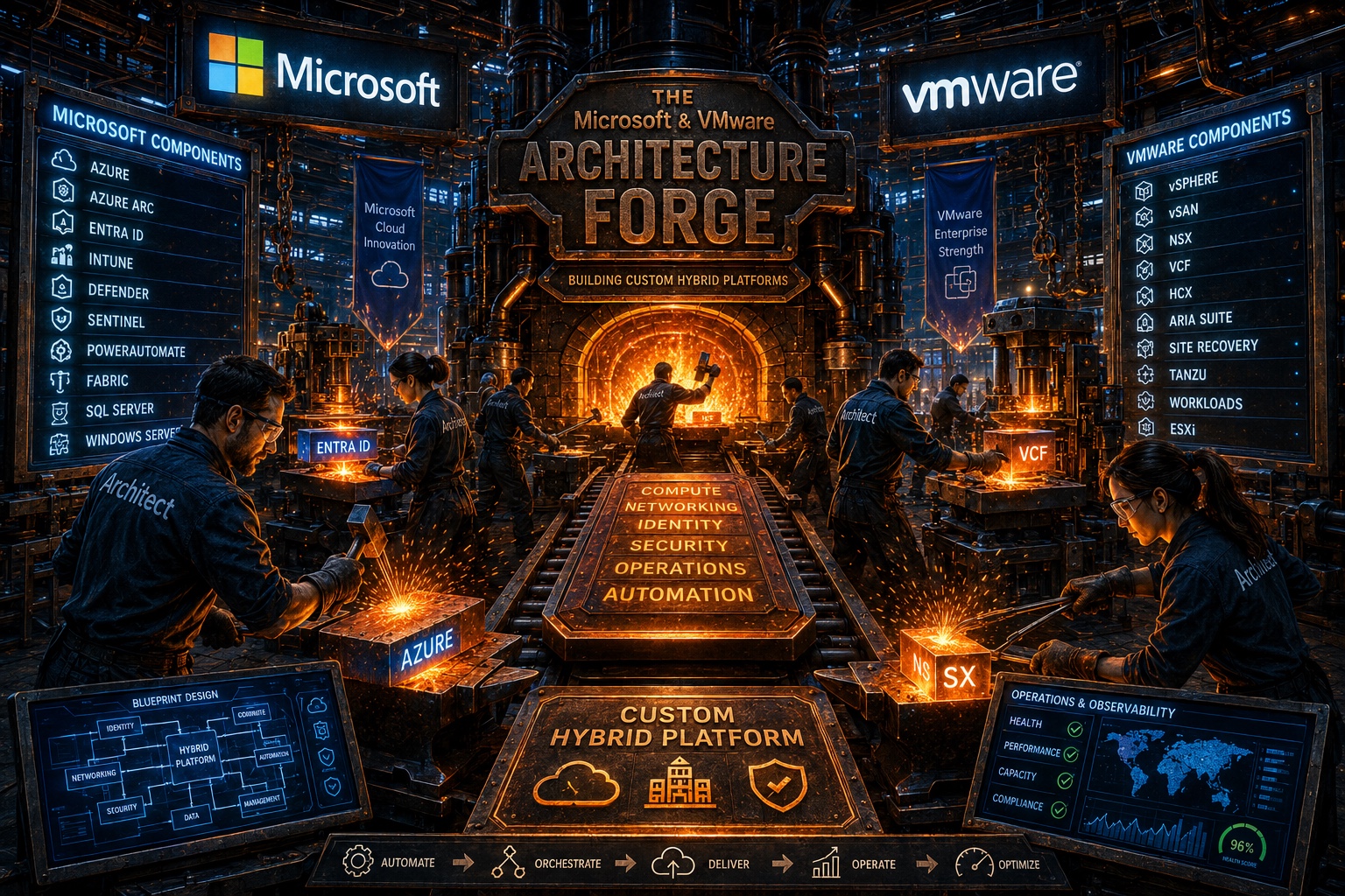 Architects in a forge combine Microsoft and VMware components into a custom hybrid platform spanning compute, networking, identity, security, operations, and automation.