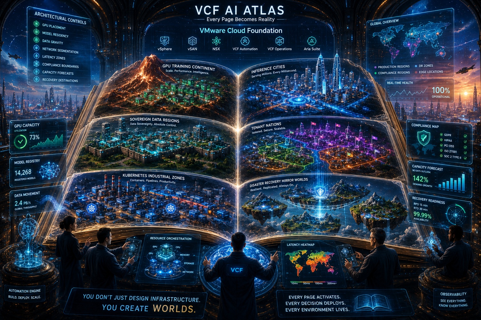 An open AI atlas depicts training, inference, sovereign data, tenant isolation, Kubernetes, and recovery as distinct territories on a common VCF foundation.