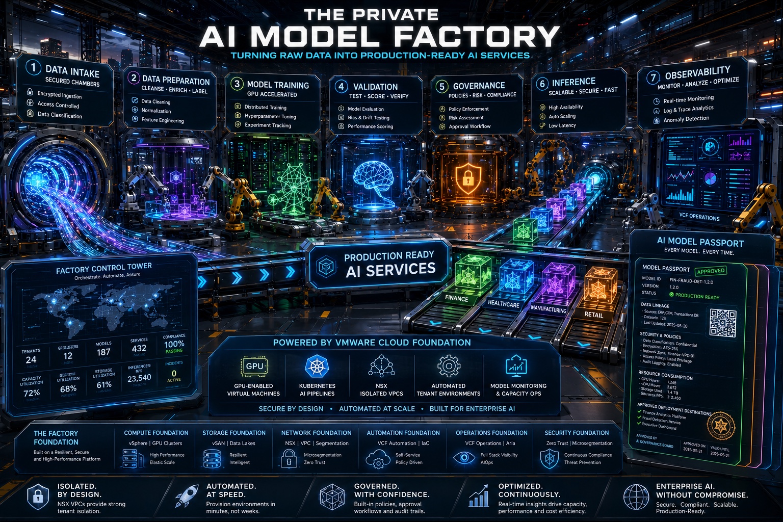 A private AI model factory progresses through data intake, preparation, training, validation, governance, inference, and observability on a shared infrastructure foundation.