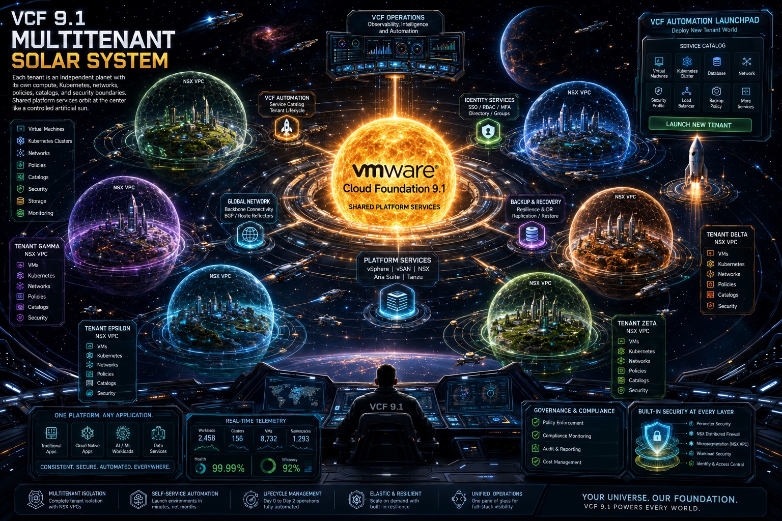 Tenant worlds orbit a shared VMware Cloud Foundation platform, illustrating isolated consumption environments governed by common services, policies, quotas, and operations.
