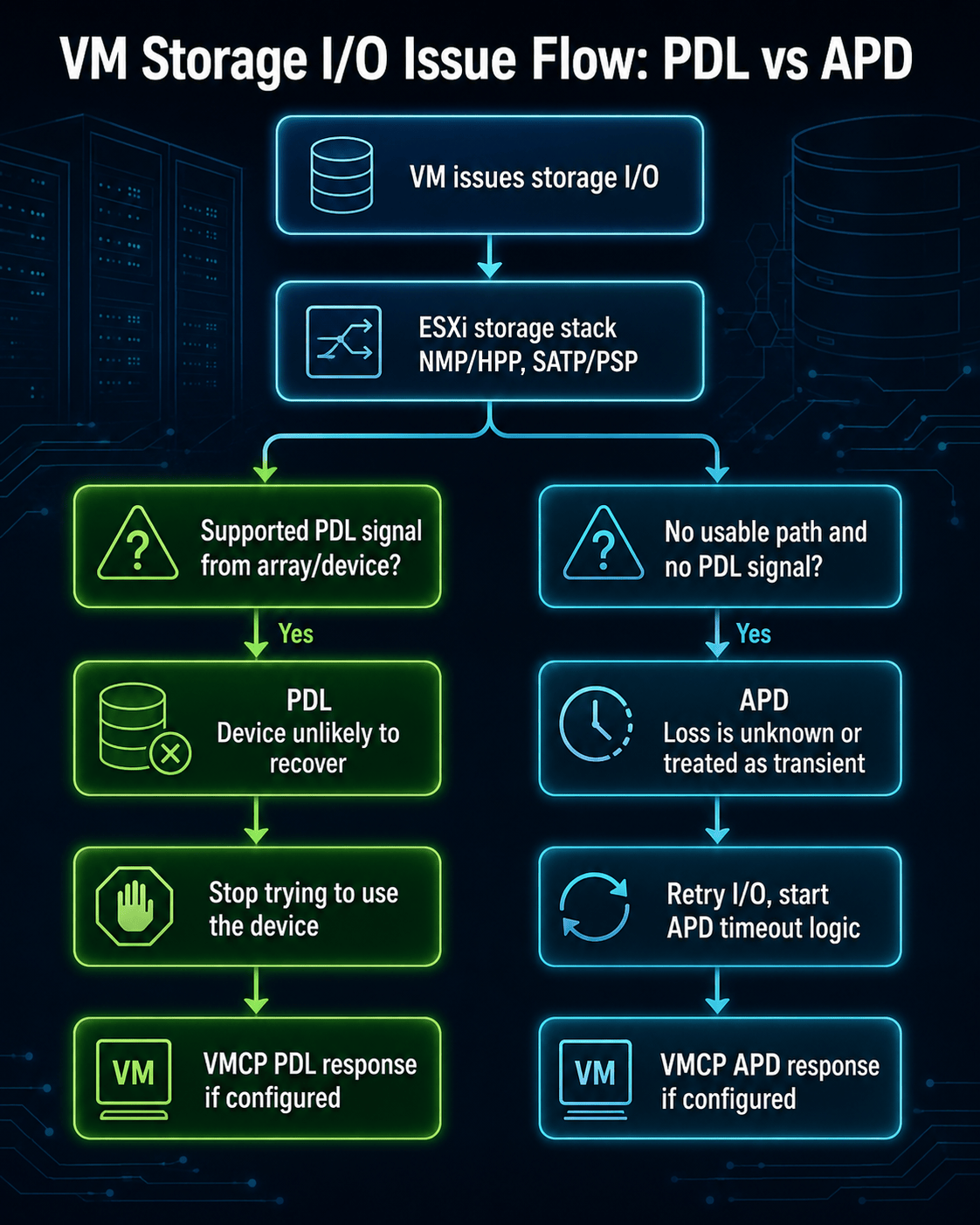 Diagram illustrating PDL and APD at a Glance for PDL vs APD: The Storage Failure Model Every vSphere Operator Needs.