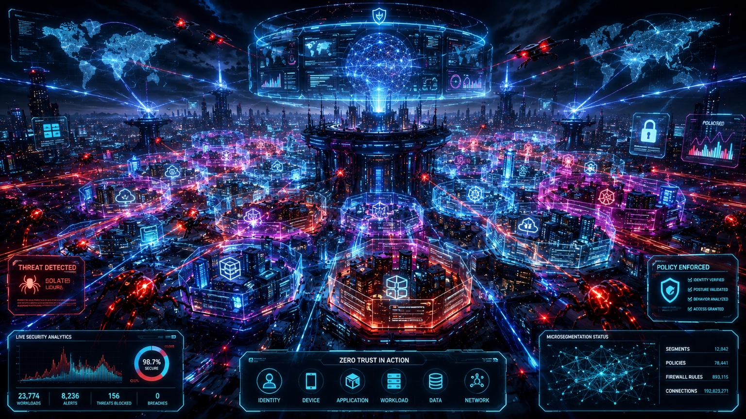A zero-trust network fabric distributes policy enforcement across a private-cloud city, containing red-marked threats while blue governed workload zones remain connected.