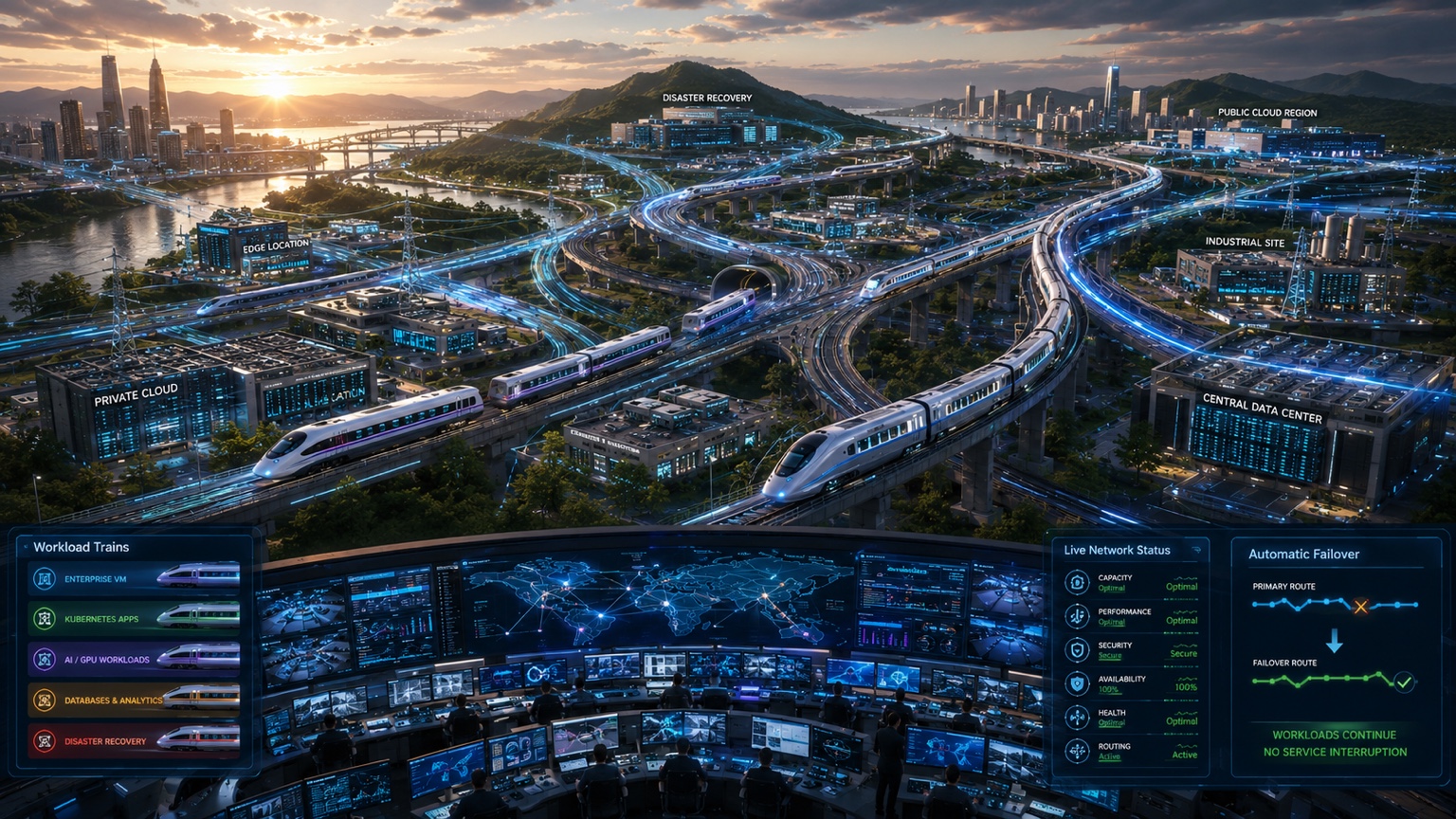 A connected rail network links private-cloud, public-cloud, and recovery destinations, illustrating governed workload movement, route visibility, and planned failover.
