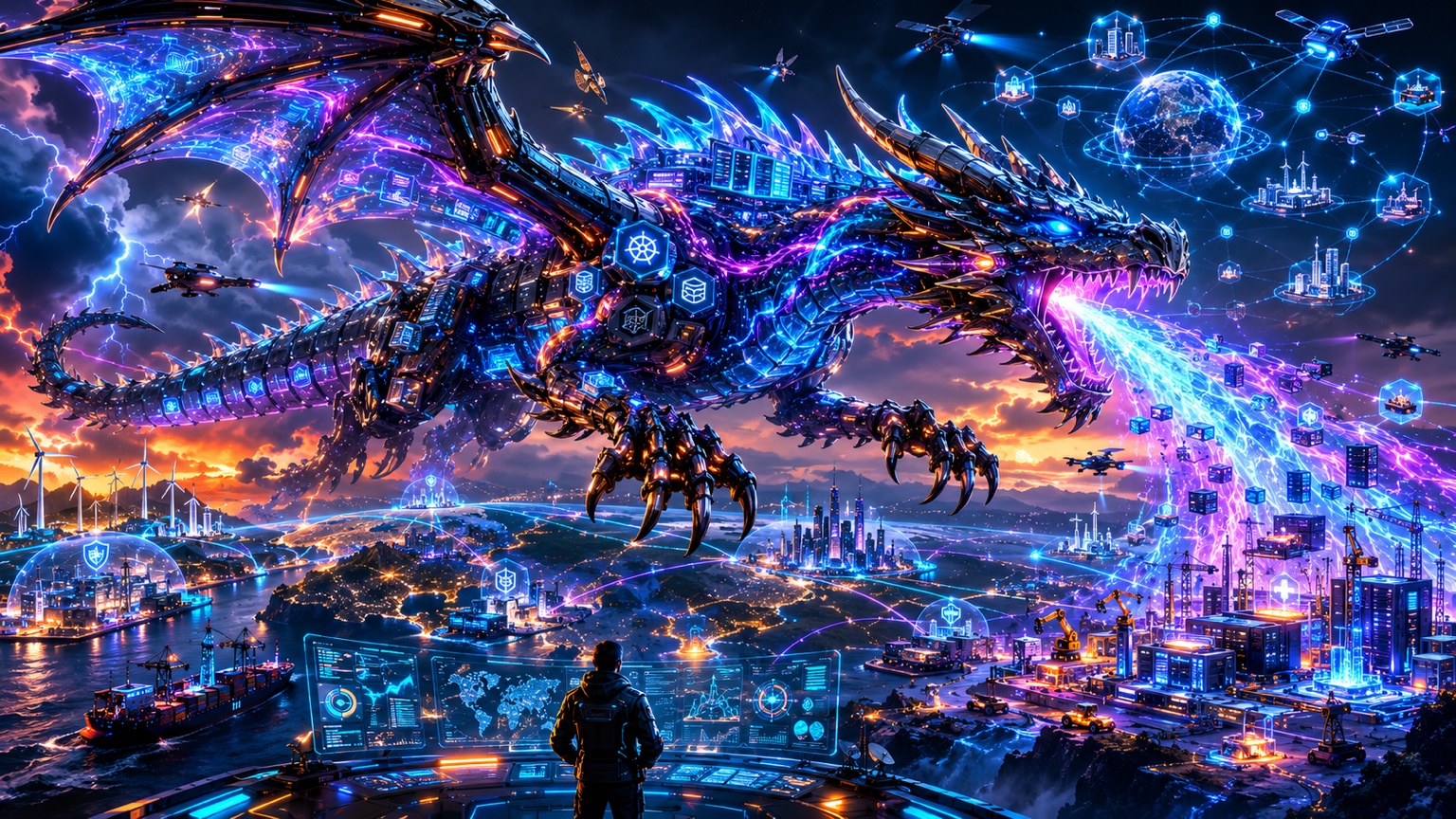 A cybernetic dragon spans factories, a port, cities, and connected clouds, illustrating coordinated infrastructure control across distributed environments.