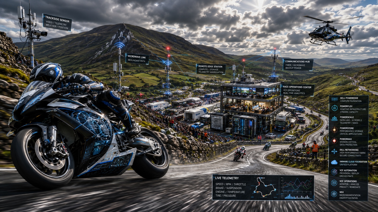 A motorcycle races past a remote trackside station, illustrating local edge processing connected to telemetry, communications, and centralized race operations.