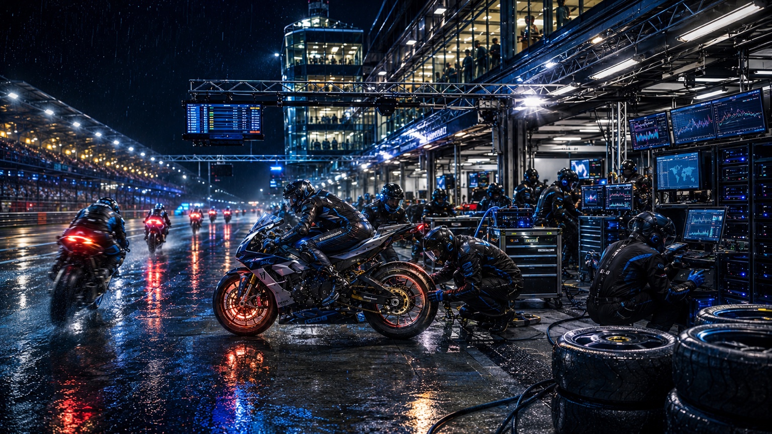 A motorcycle pit crew works under telemetry displays while racers continue on a wet circuit, illustrating coordinated observation, maintenance, and operational response.