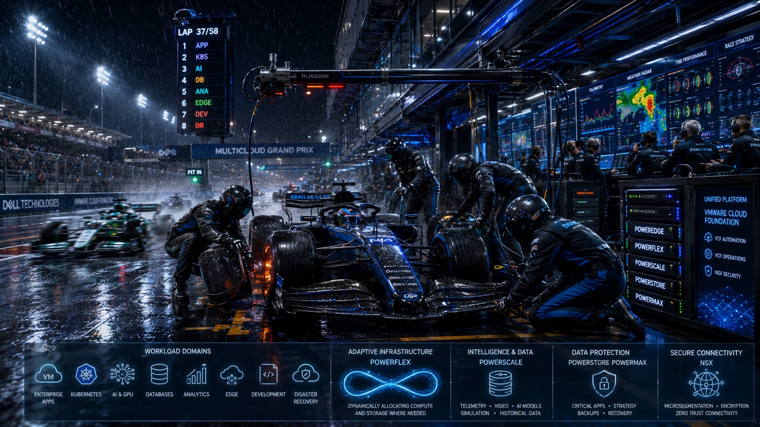 A race car and pit crew operate beside infrastructure and telemetry displays, illustrating coordinated multicloud platform operations.