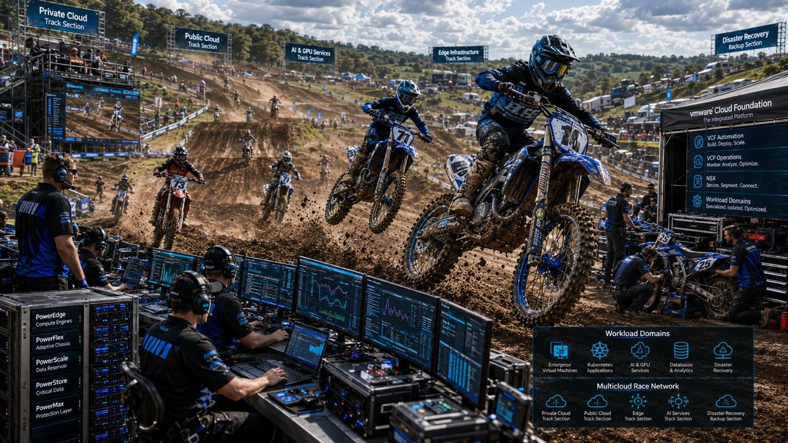Motocross riders cross varied terrain while an operations team monitors the event, illustrating coordinated workloads across private cloud, public cloud, AI, edge, and recovery environments.