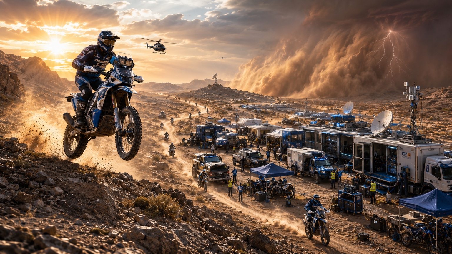 A rally rider continues near a remote support camp as a dust storm approaches, illustrating resilient local edge operation backed by centralized fleet support.