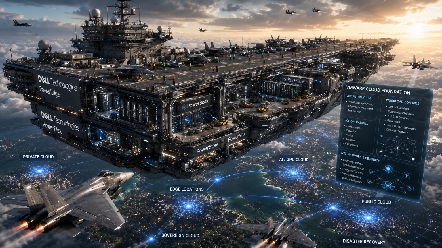 An aircraft carrier contains infrastructure decks and connects to private-cloud, edge, AI, public-cloud, and recovery destinations, illustrating a shared platform with distinct missions.