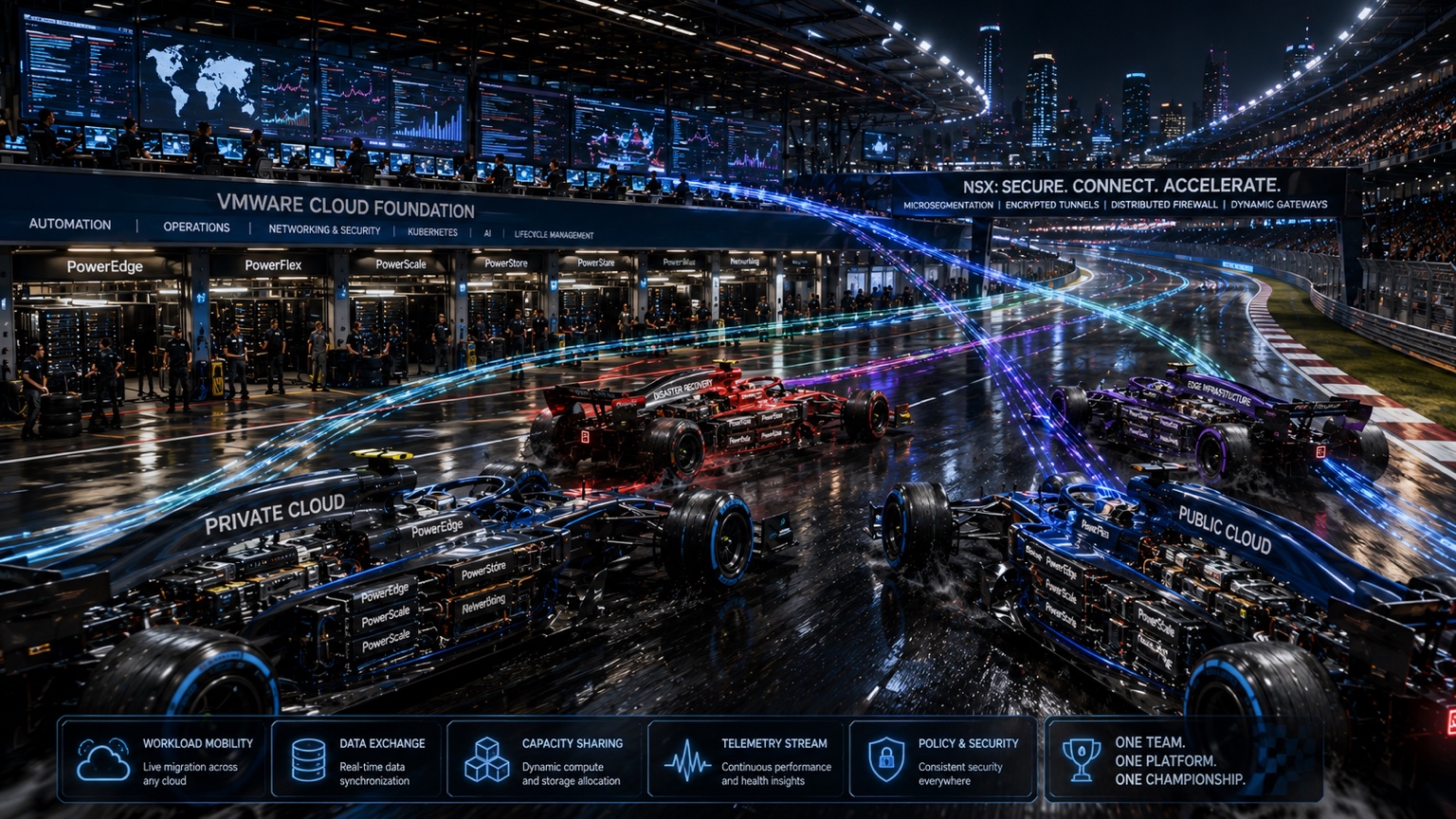 Private-cloud and public-cloud race cars share a circuit and coordinated pit facilities, illustrating a common operating model supported by VCF and NSX.