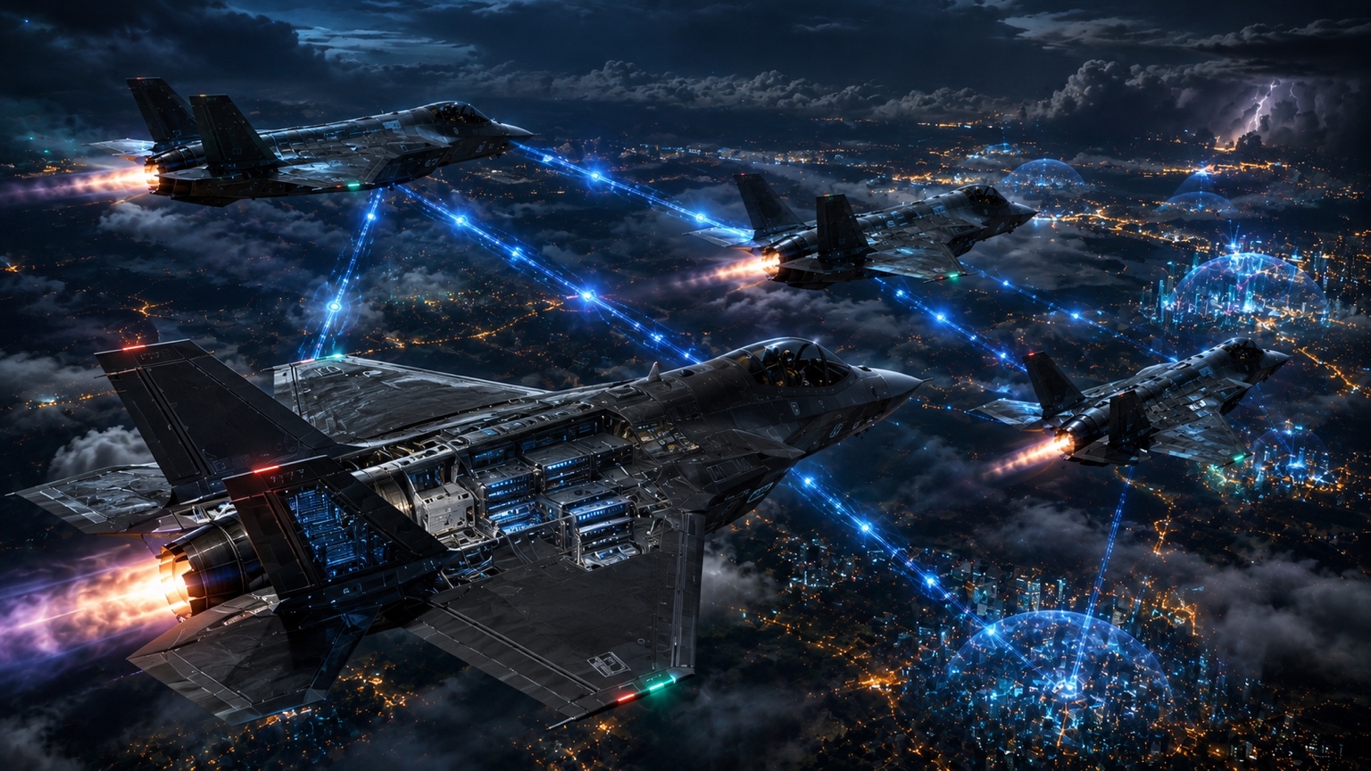 A squadron of connected aircraft retains separate vehicles and flight paths, illustrating VCF fleet coordination while preserving local operating boundaries.