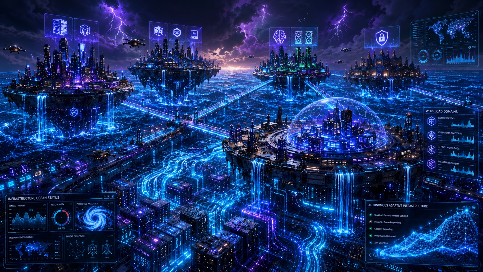 A connected archipelago of workload-domain islands surrounds a protected management domain, illustrating shared services with distinct lifecycle and failure boundaries.