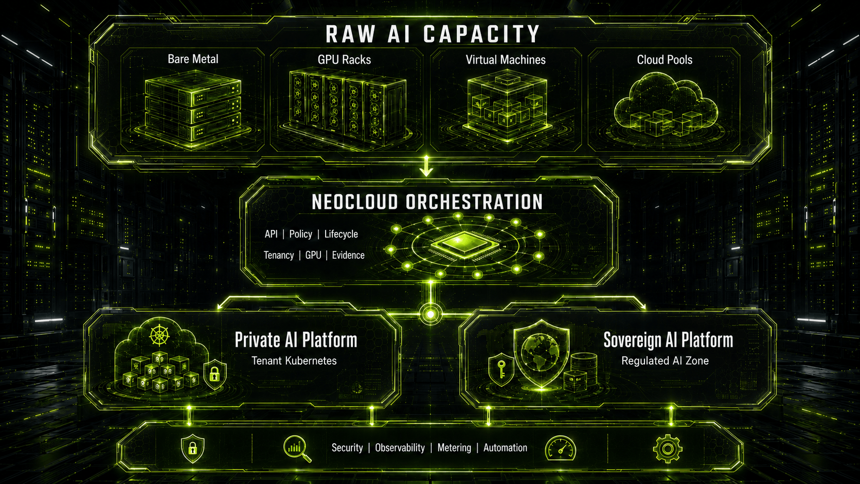 Architecture diagram showing neocloud orchestration turning bare metal, GPU racks, virtual machines, and cloud pools into private and sovereign AI platforms.