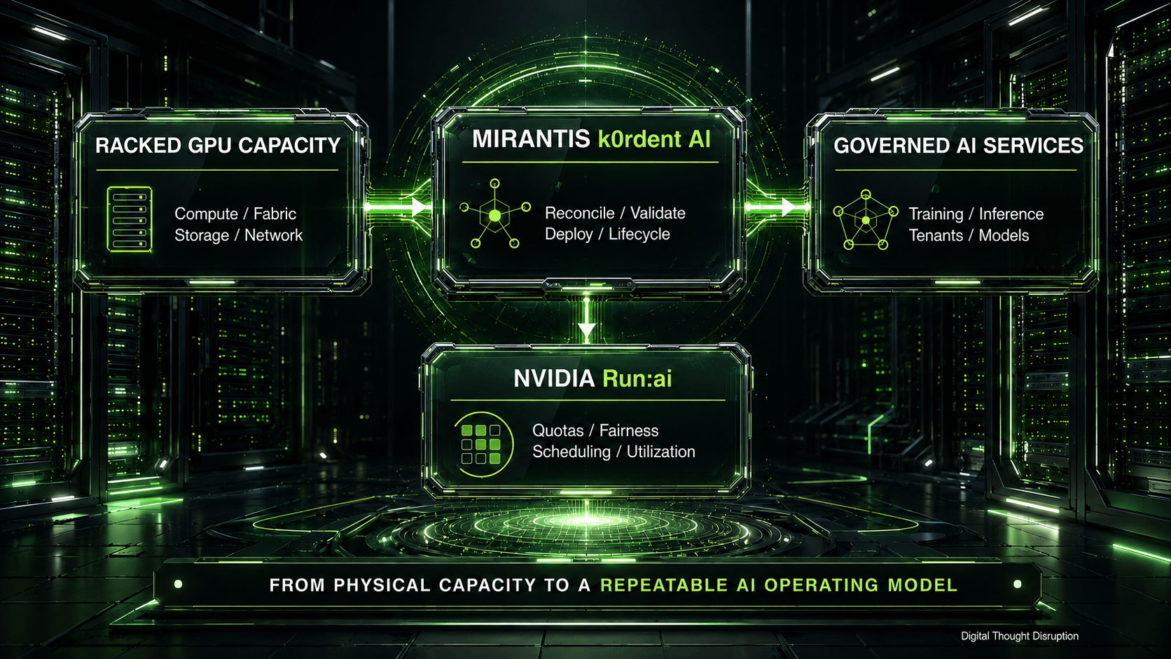 Diagram showing racked GPU capacity flowing through Mirantis k0rdent AI and NVIDIA Run:ai into governed AI services.