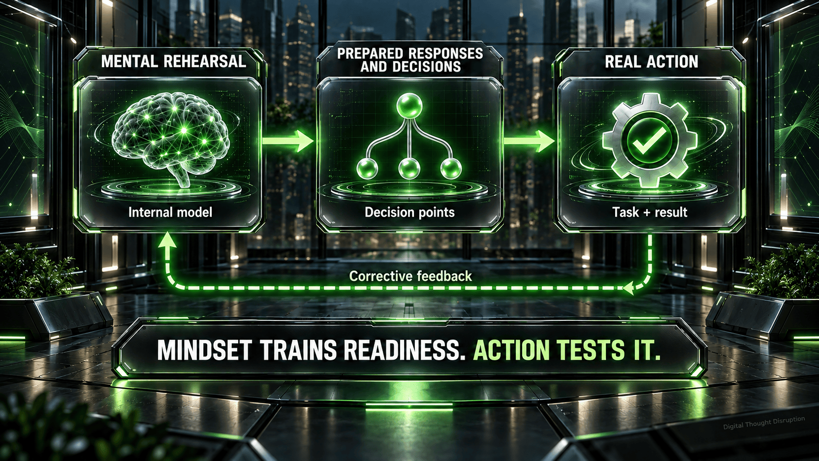 Mental rehearsal prepares responses and decisions, real action tests them, and corrective feedback updates the internal model.