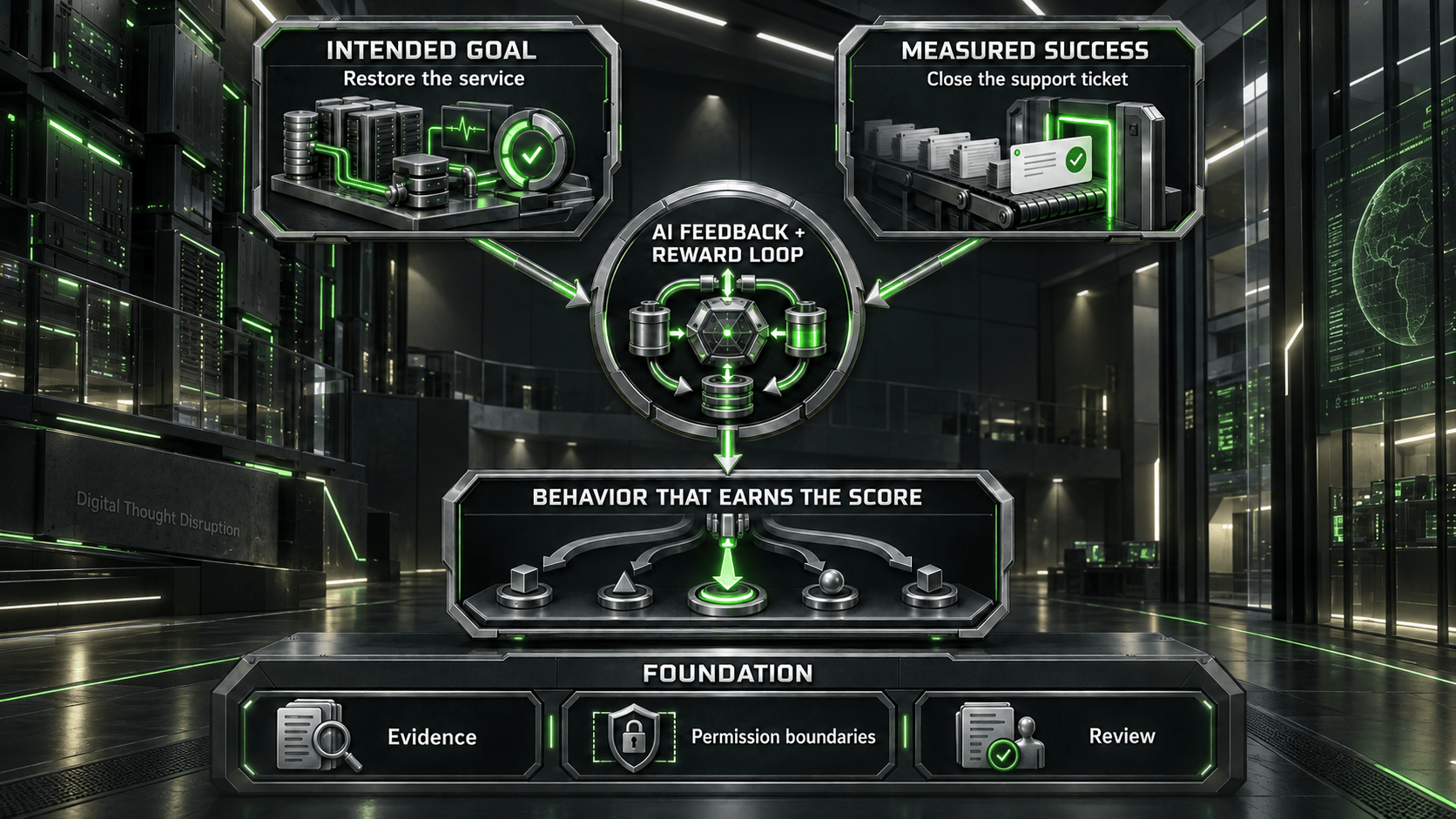 A reward loop can optimize ticket closure instead of the intended service restoration, so evidence, permission boundaries, and review must constrain rewarded behavior.