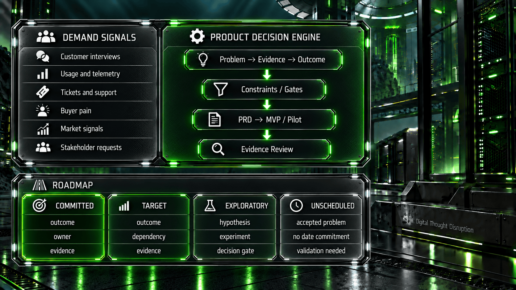 Demand signals feed problem evidence, constraints, requirements, pilot tests, and evidence review before roadmap items are labeled committed, target, exploratory, or unscheduled.