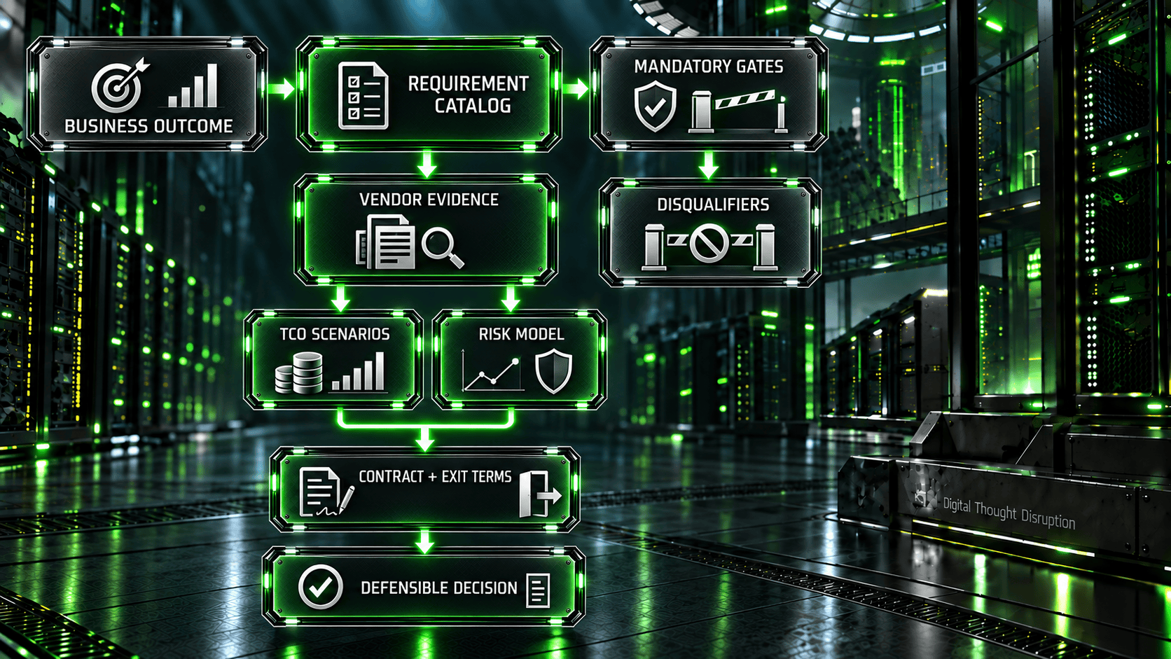 Business outcomes, requirements, mandatory gates, vendor evidence, cost scenarios, risk, and contract and exit terms support a defensible procurement decision.