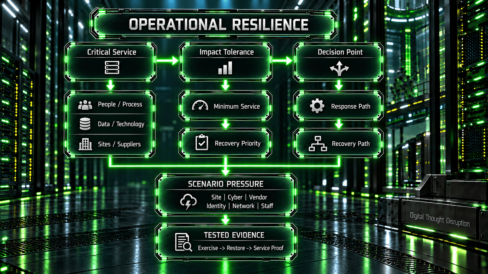 Critical services, impact tolerances, dependencies, minimum service, recovery priorities, and decision paths are challenged by disruption scenarios and validated through tested evidence.