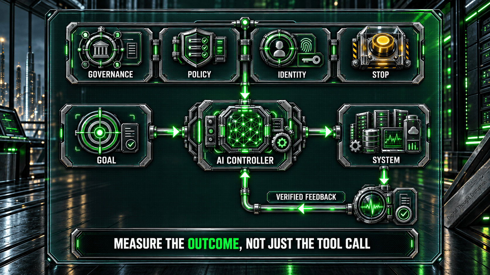 An approved goal drives an AI controller and target system, with verified outcome feedback and external governance, policy, identity, and stop controls.