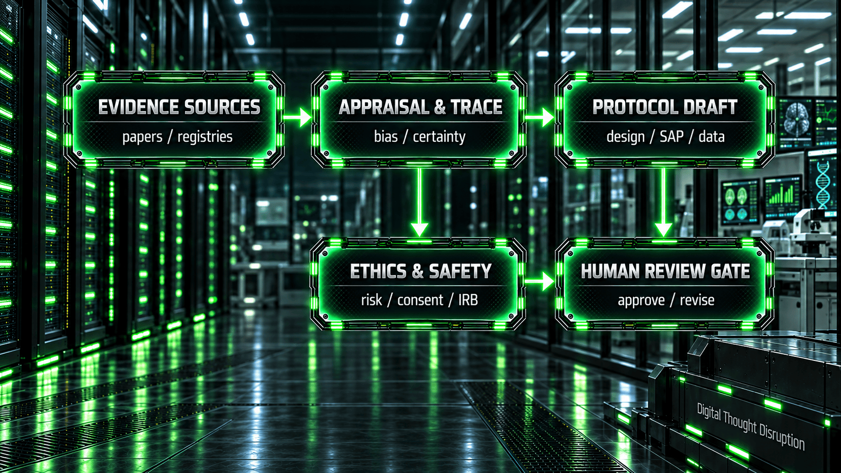 Clinical research evidence moves through appraisal and traceability into a protocol draft, with ethics, safety, and human review gates.