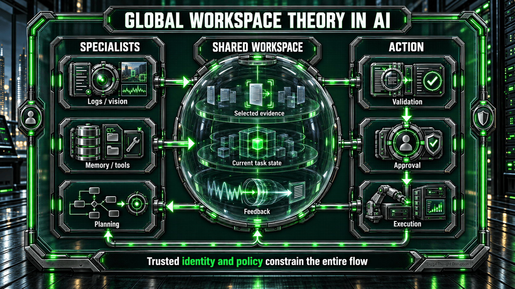 Specialists contribute selected evidence and task state to a shared workspace, which supports validation, approval, execution, and feedback under trusted identity and policy constraints.