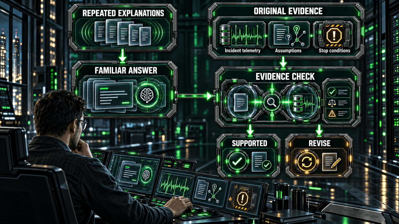 Repeated explanations produce familiarity, while original incident evidence, assumptions, and stop conditions determine whether a diagnosis is supported or needs revision.