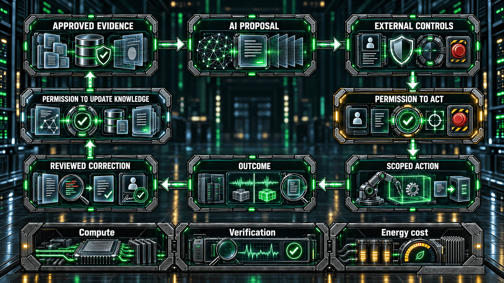 Approved evidence supports AI proposals, external controls authorize scoped actions, and separately permitted knowledge updates require reviewed corrections and observed outcomes.