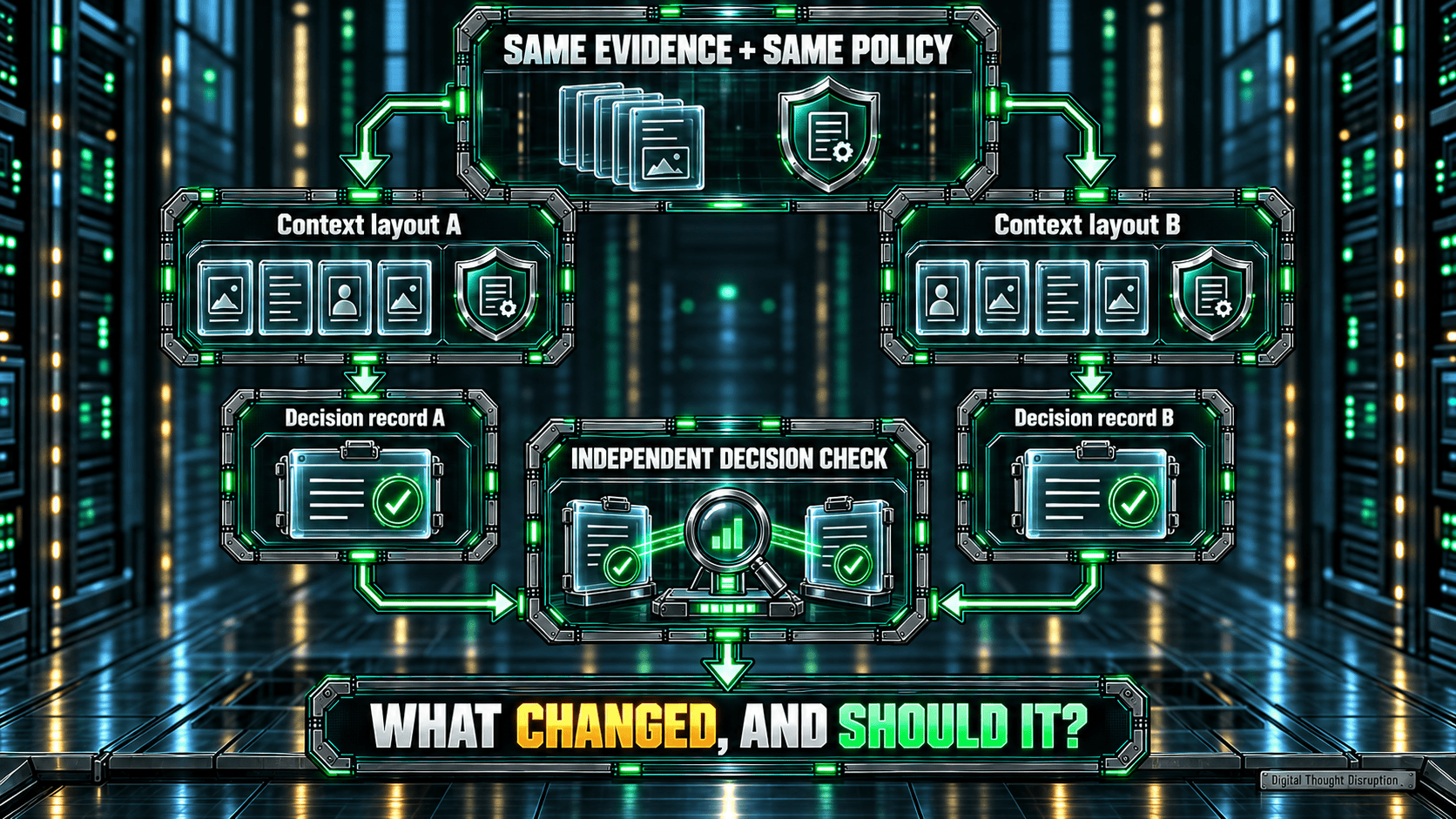 Two context layouts contain the same evidence and policy; independent decision checks compare their recorded decisions and assess whether any change is justified.