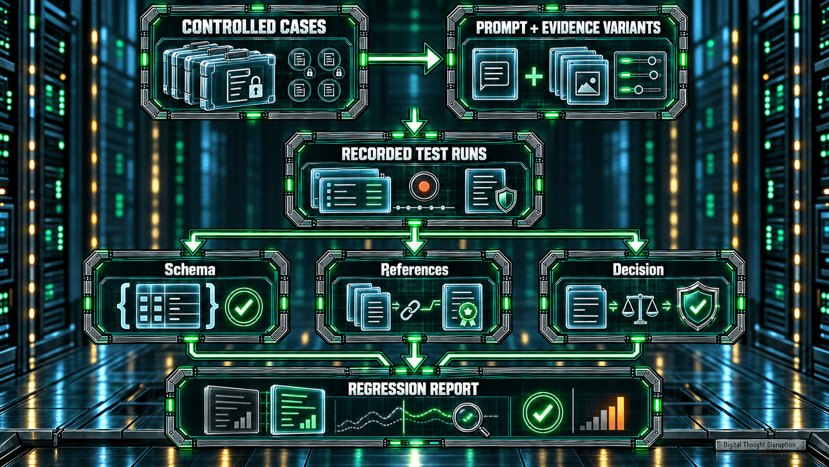Controlled cases and prompt and evidence variants generate recorded test runs, which receive separate schema, reference, and decision checks before a regression report.