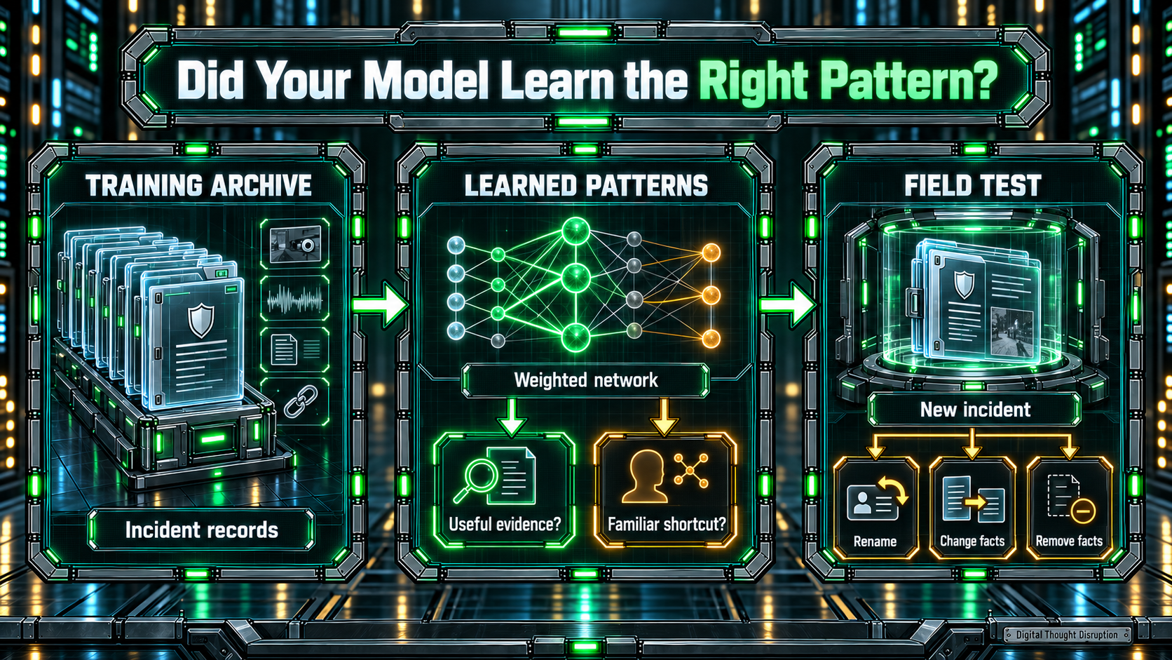 Training incident records produce learned patterns that must be tested on new incidents by renaming irrelevant details, changing facts, and removing evidence.