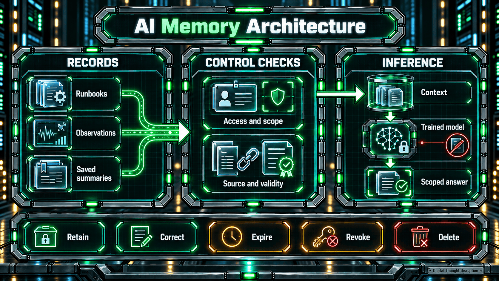 AI memory architecture separates stored records, access and validity checks, and inference, with retention, correction, expiration, revocation, and deletion controls.