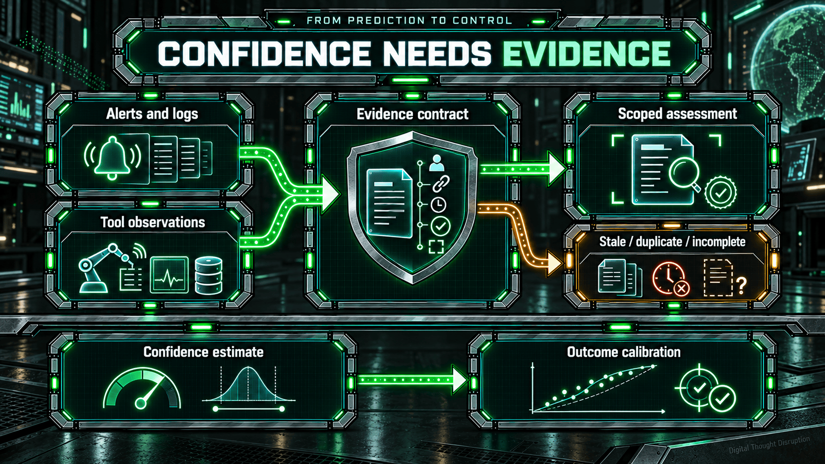 Alerts, logs, and tool observations pass through an evidence contract before scoped assessment; confidence estimates are checked separately against observed outcomes.