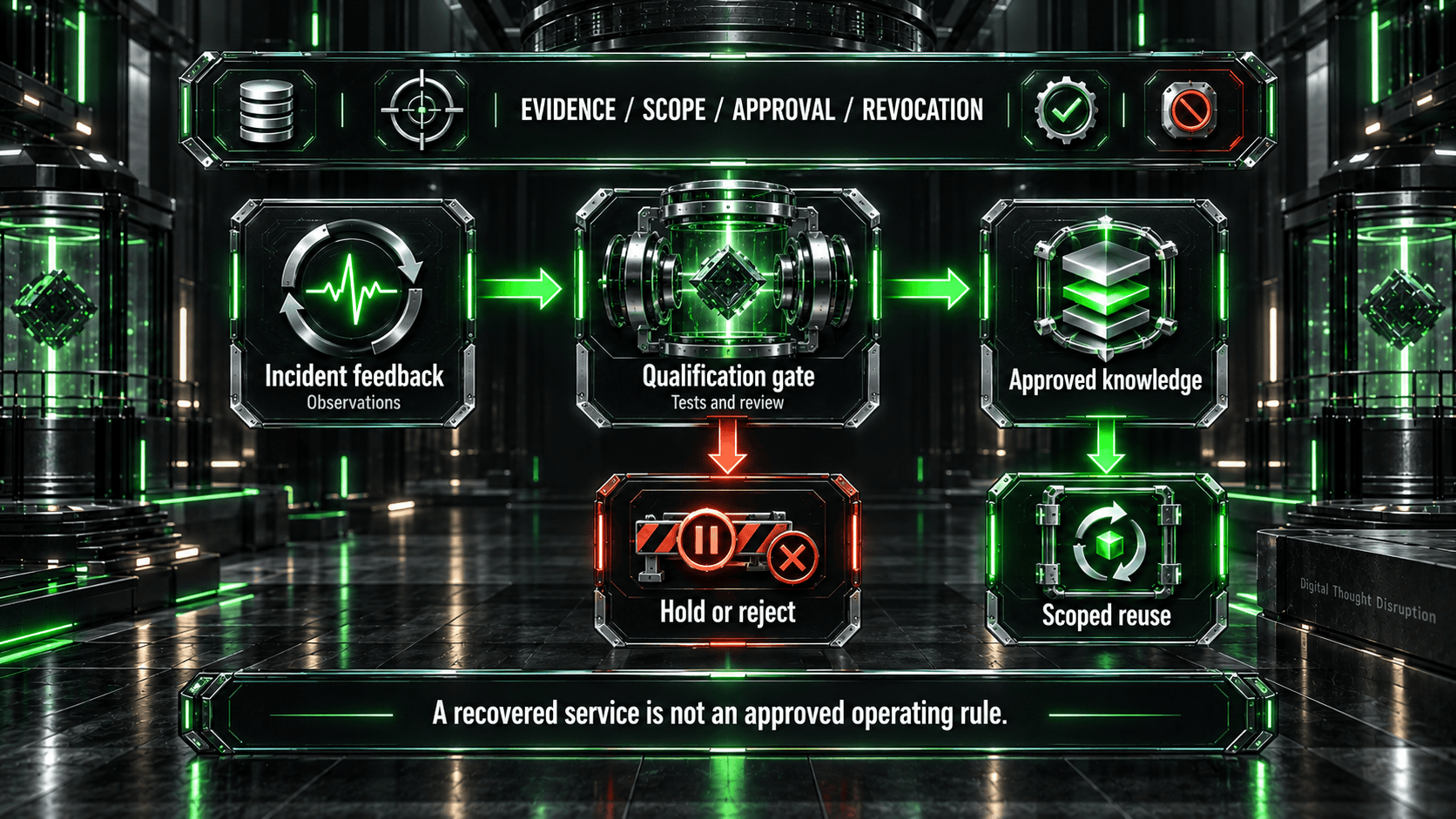 Incident feedback passes a qualification gate before becoming approved knowledge for scoped reuse; failed candidates are held or rejected.