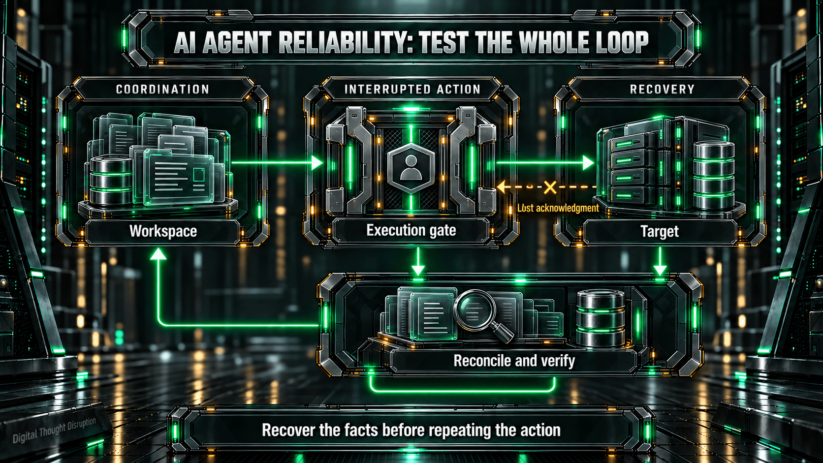 Agent reliability testing spans workspace coordination, interrupted execution, and target recovery, with reconciliation and verification before an action is repeated.