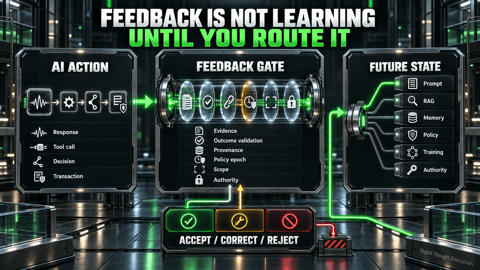 AI-action feedback crosses a gate for evidence, outcome validation, provenance, policy, scope, and authority before acceptance, correction, or rejection changes future system state.