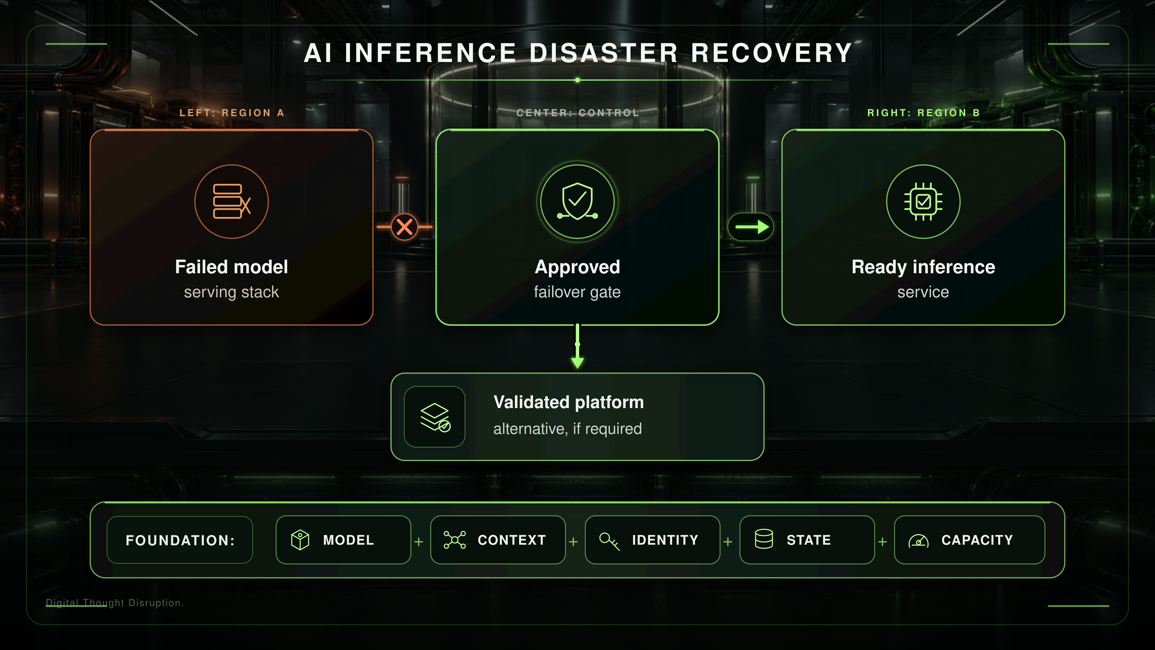Inference disaster recovery moves from a failed serving stack through an approved failover gate to a ready service, validating model, context, identity, state, and capacity.