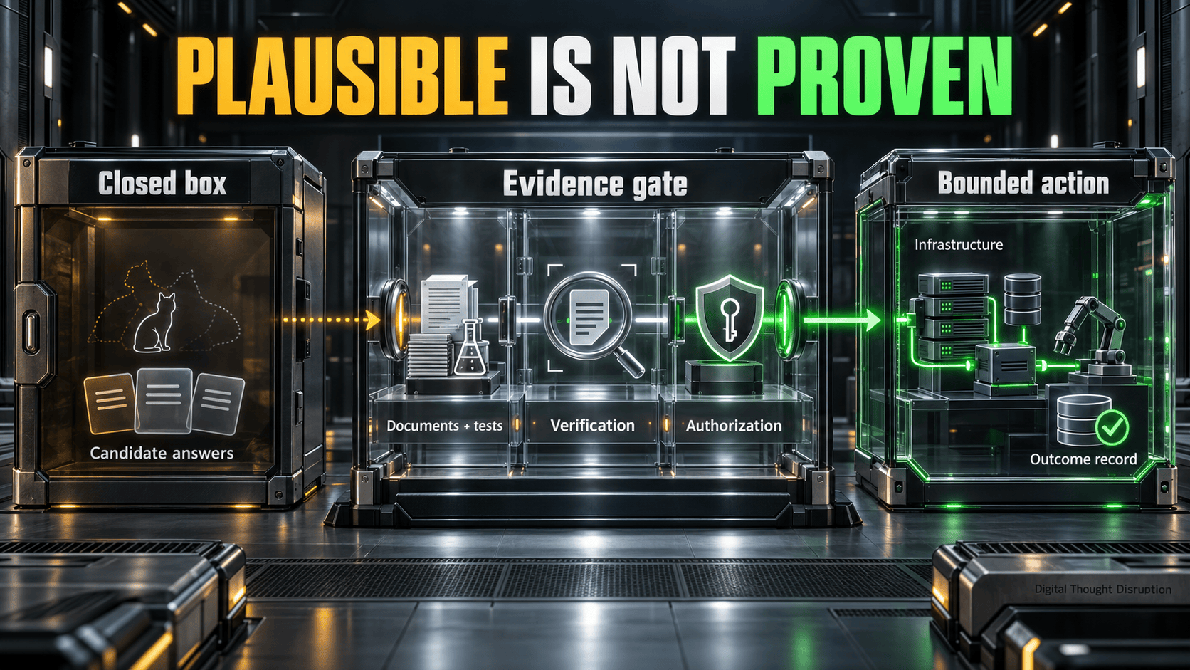Candidate AI answers pass an evidence gate for verification and authorization before bounded infrastructure actions and recorded outcomes.
