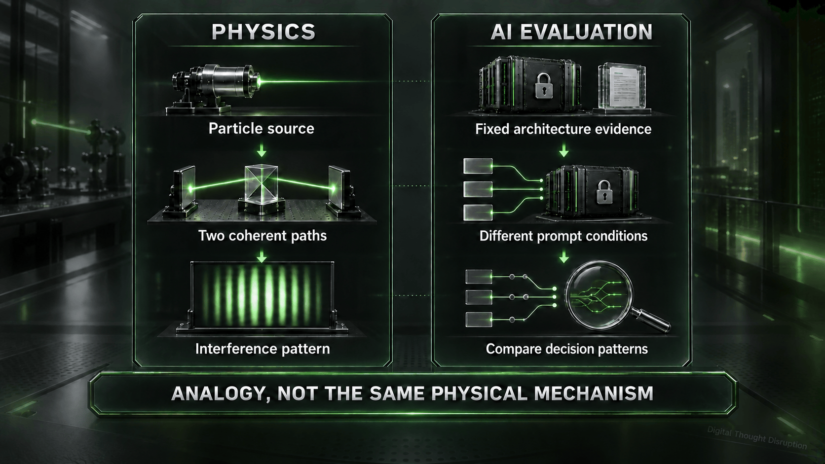 Double-slit interference and AI evaluation are compared as an analogy: coherent physical paths produce an interference pattern, while prompt conditions change model decision patterns.