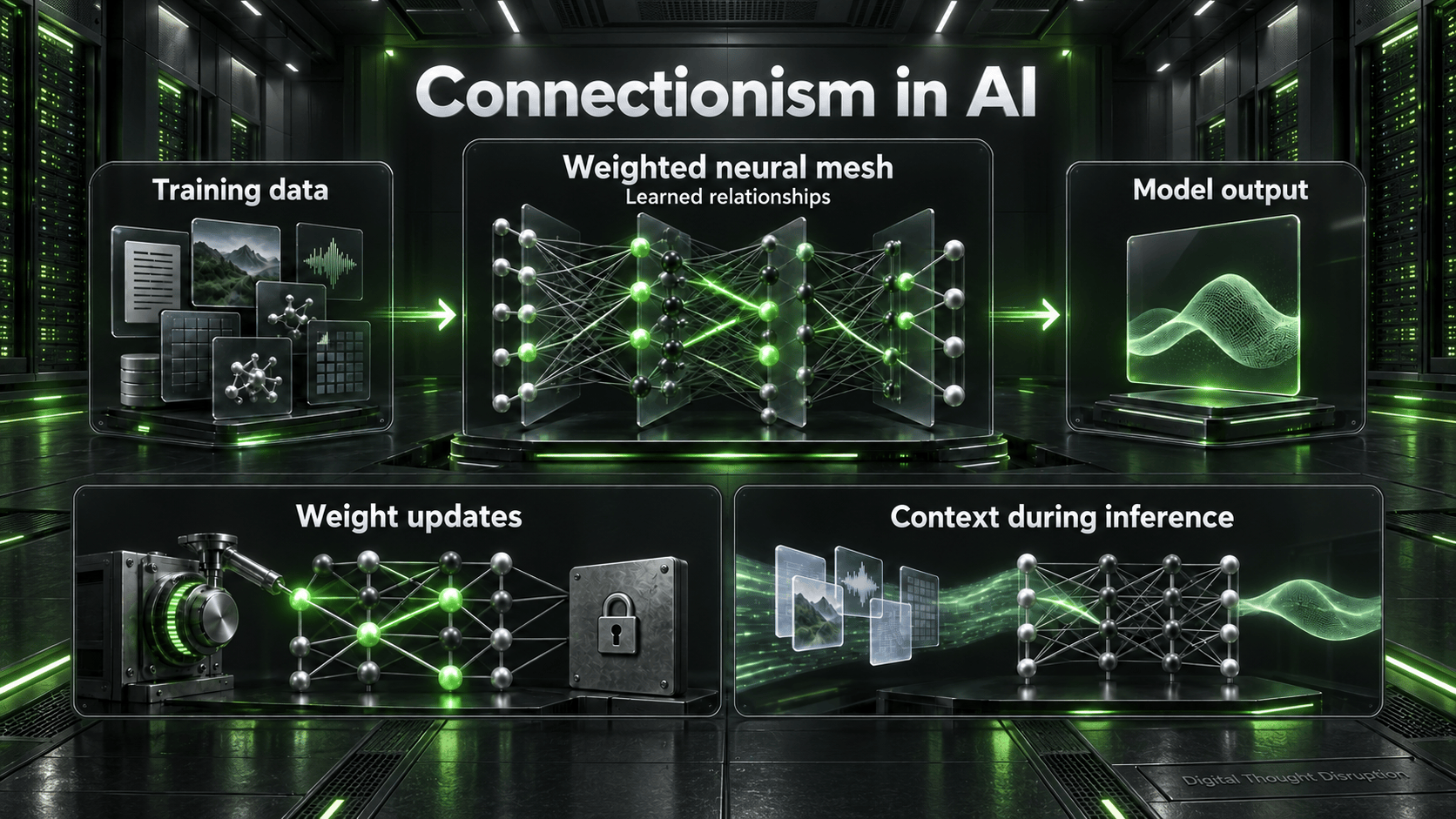 Connectionism links training data through a weighted neural network to model output; training updates weights while inference uses the current context.