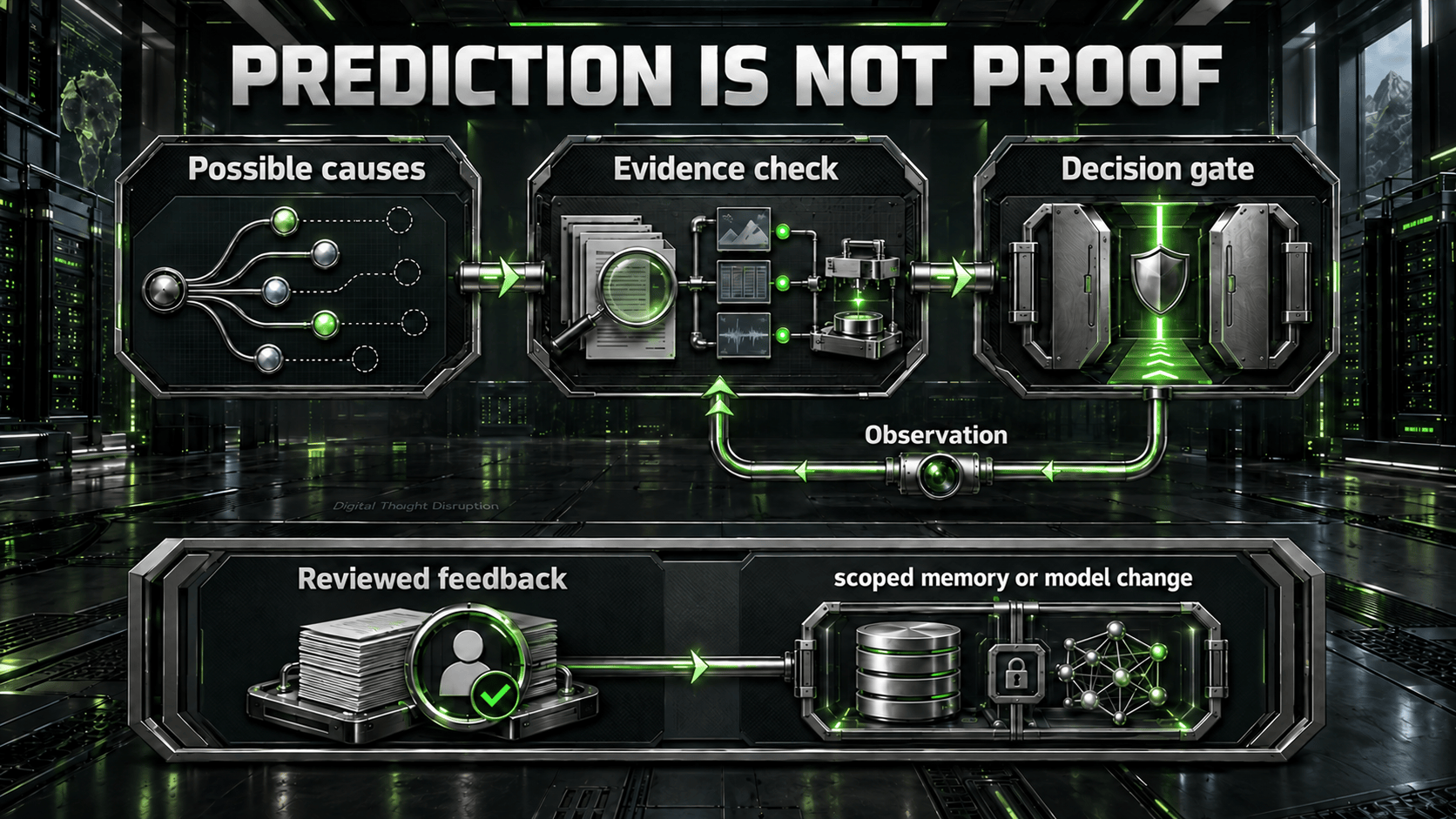 Possible causes pass evidence checks and a decision gate; observations and reviewed feedback may support a separately scoped memory or model change.