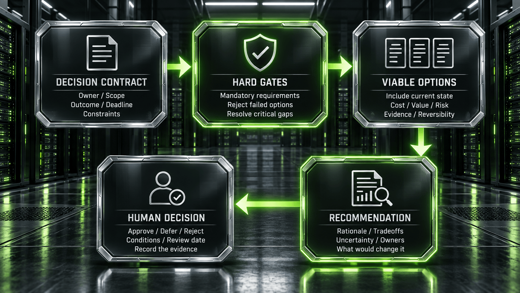 A decision contract passes mandatory gates and compares viable options before an evidence-based recommendation reaches a human decision with conditions and a review date.