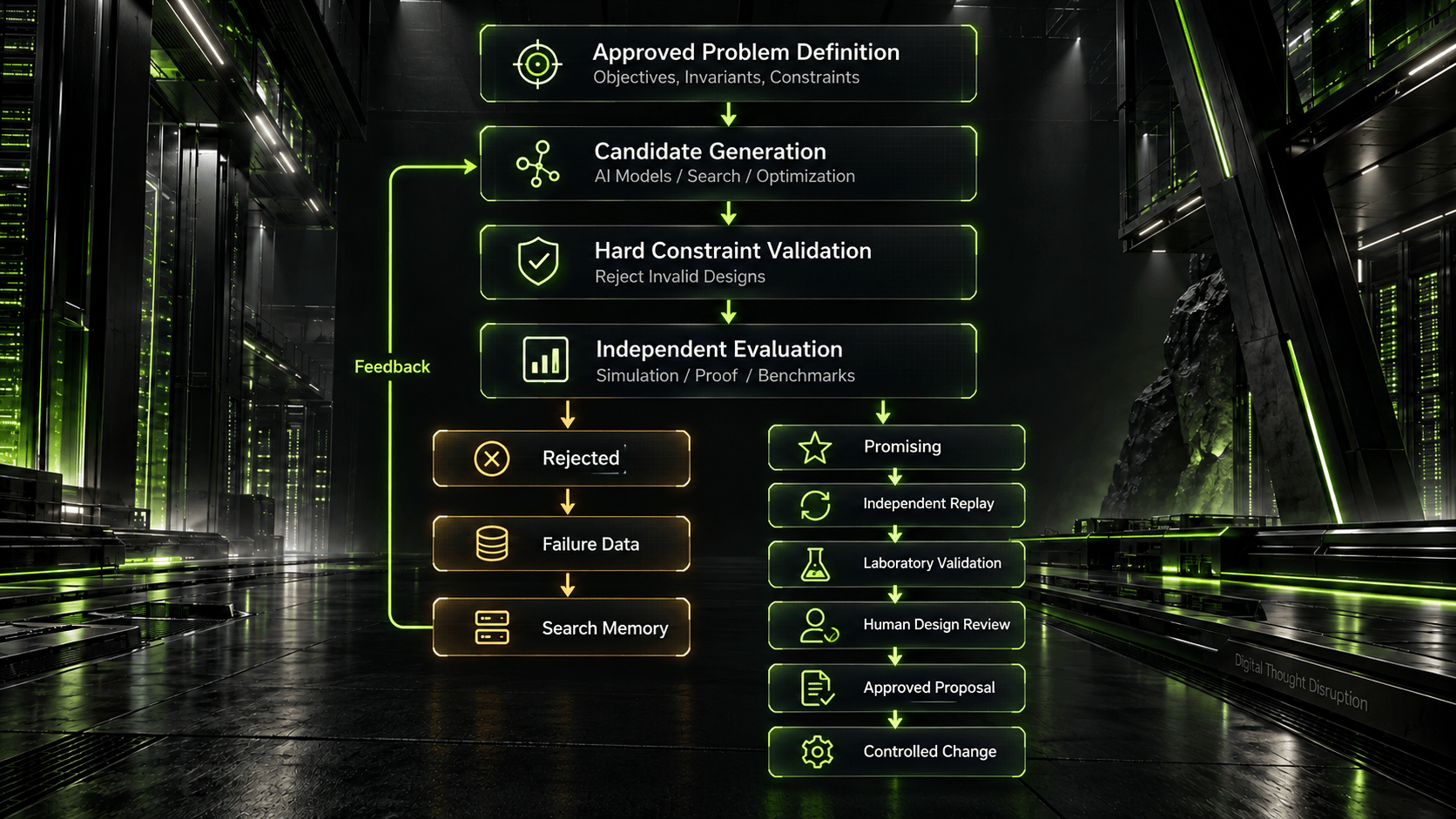 Discovery system flowchart from approved problem definition and candidate generation through hard constraints, independent evaluation, search memory, replay, human review, and controlled change.